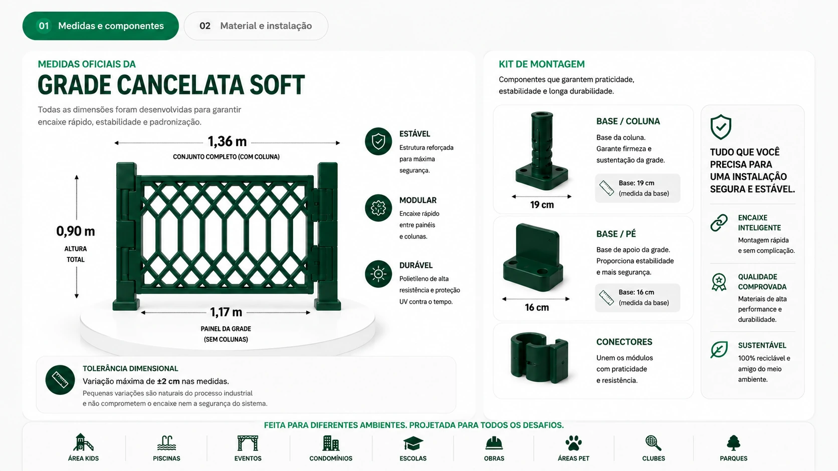 Especificações técnicas da Grade Cancelata Soft com medidas oficiais, tolerância dimensional e kit de montagem